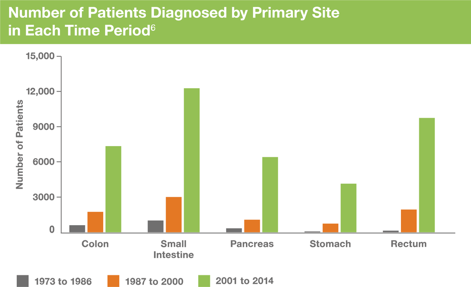 Chart showing number of patients diagnosed by primary site in each time period.