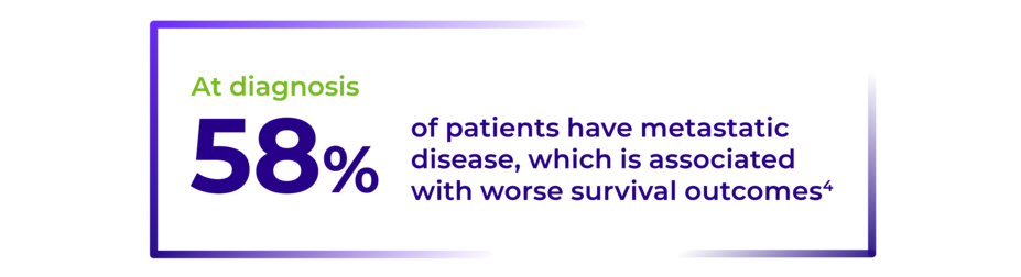 58% of patients have metastatic disease at diagnosis, which is associated with worse survival outcomes.