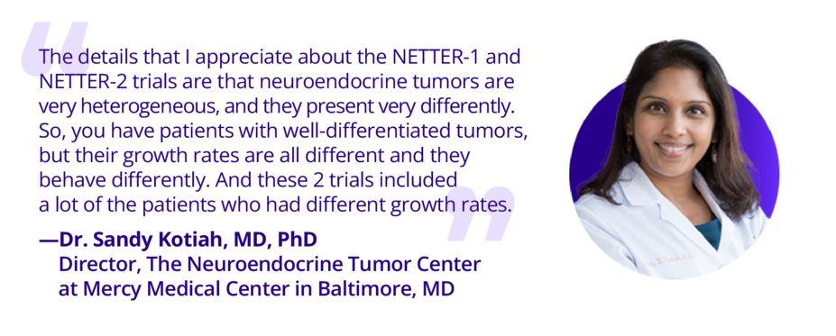 Quote: "The details that I appreciate about the NETTER-1 and NETTER-2 trials are that neuroendocrine tumors are very heterogeneous, and they present very differently. So, you have patients with well differentiated tumors, but their growth rates are all different and they behave  differently. And these two trials included a lot of the patients who had different growth rates." Dr. Sandy Kotiah, MD, PhD, Director, The Neuroendocrine Tumor Center at Mercy Medical Center in Baltimore, MD