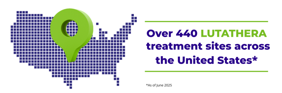 Image of map. Over 440 LUTATHERA treatment sites across the United States as of June 2025.