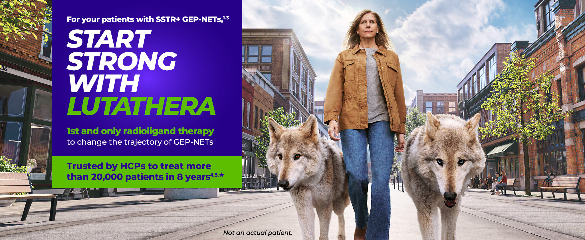 For your patients with SSTR+ GEP-NETs, start strong with LUTATHERA. 1st and only radioligand therapy to change the trajectory of GEP-NETs. Trusted by HCPs to treat more than 20,000 patients in 8 years. Not an actual patient.